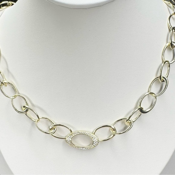 18K YG Open Link Necklace w/Pave Crystals GORGEOUS - Picture 5 of 6